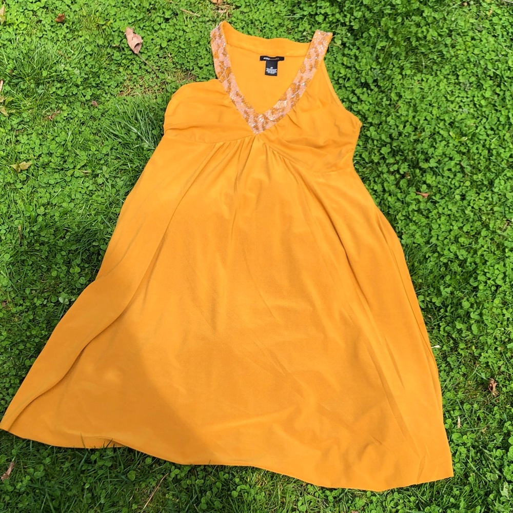 BCBGMaxAzria Mustard Yellow Sleeveless Midi Dress with Embellished V-Neck